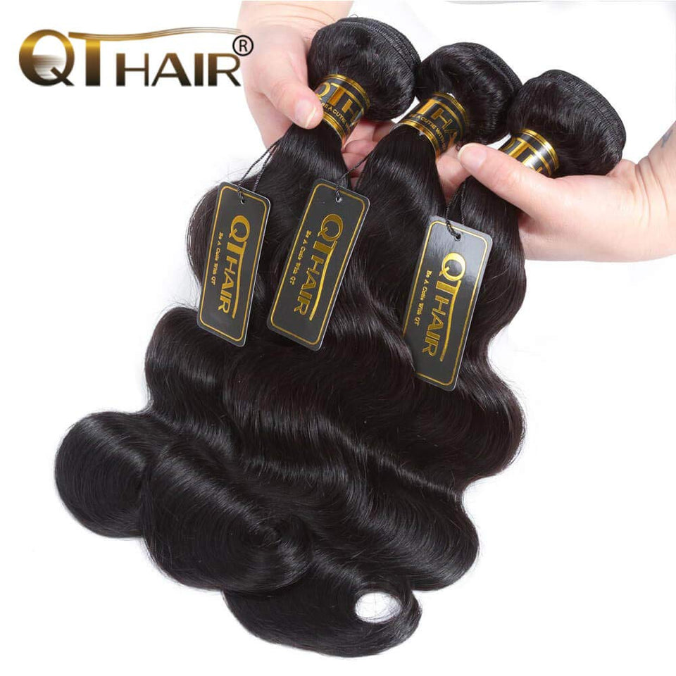 QTHAIR 12A Brazilian Virgin Hair Body Wave 3 Bundles(18 16 14,300g,Natural Black) 100% Unprocessed Brazilian Hair Bundles Weave Weft Brazilian Body Wave Remy Human Hair Extenions