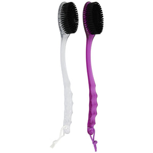 Iconikal Long-Handled Back Bath Brush Scrubber with Charcoal Infused Bristles, Clear and Purple, 2-Pack