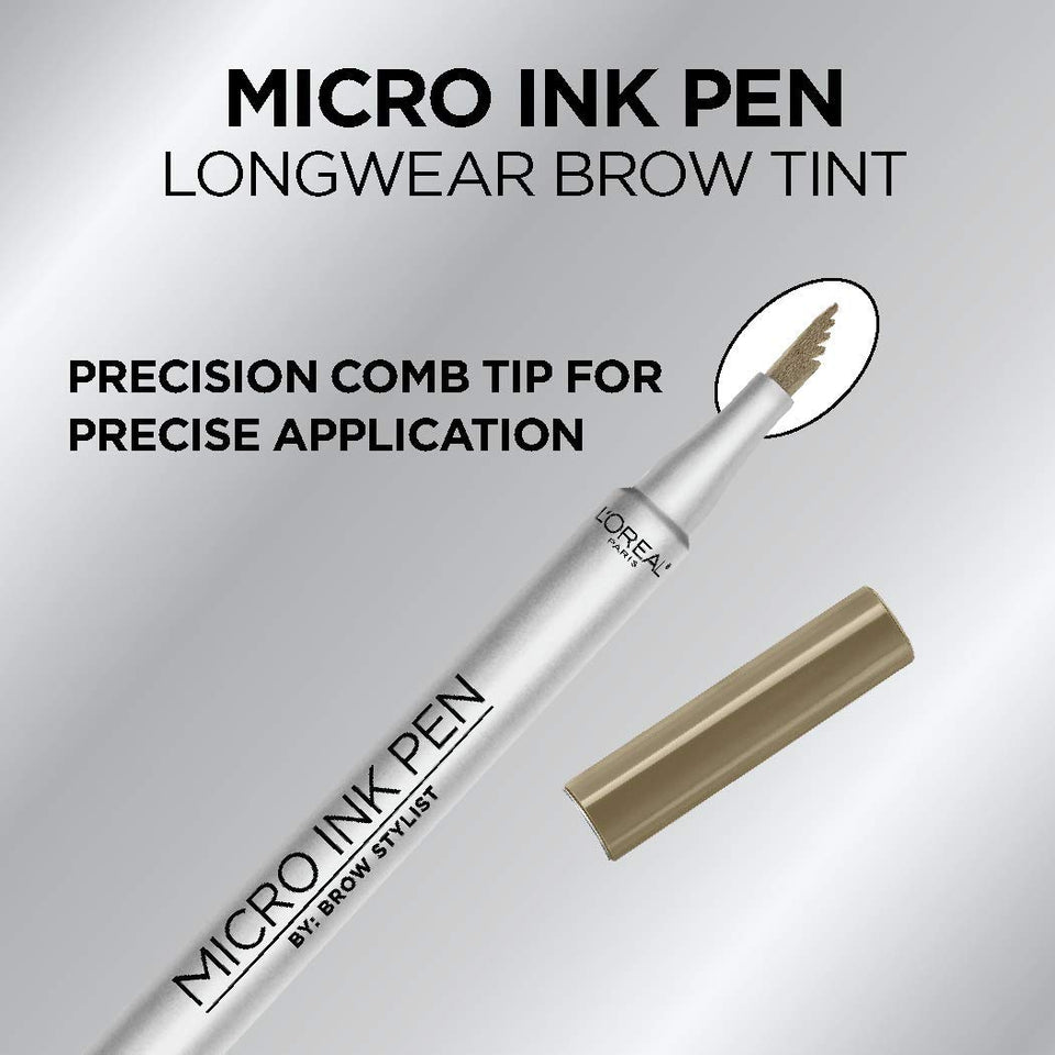 L'Oreal Paris Micro Ink Pen by Brow Stylist, Longwear Brow Tint, Hair-Like Effect, Up to 48HR Wear, Precision Comb Tip, Blonde, 0.033 fl; oz.