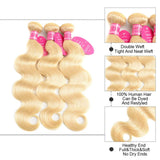 Aopusi 613 Honey Blonde Bundles with Closure 100% Brazilian Virgin Body Wave Human Hair 3 Bundles with 4×4 Lace Closure Remy Hair Weave Platinum Blonde Free Part 150% Density(14 16 18+12,613)