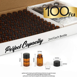 Teenitor 100 Packs 2 ML (5/8 Dram) Essential Oil Bottles, Small Sample Amber Glass Jars With Orifice Reducers And Black Caps For Oil Blends, Perfumes, Lab Chemicals
