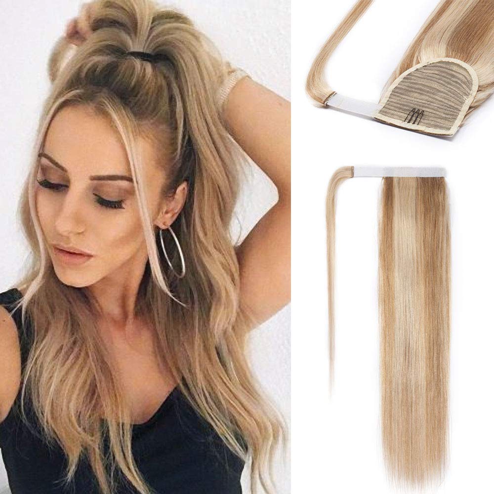 Wrap Around Human Hair Ponytail Extensions 100% Remy Human Hair 20 Inches Long Straight Silky With Comb Clip in One Piece Wrap Pony Tail Extensions #18P613 Ash Blonde&Bleach Blonde 95g