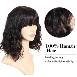 PANEWAY Short Human Hair Wigs with Bangs Brazilian Body Wave Virgin Human Hair Wigs for Black White Women Short Wavy Bob Wigs with Bangs 12 Inch
