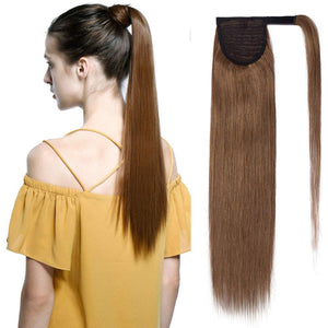 100% Remy Human Hair Ponytail Extension Wrap Around One Piece Hairpiece With Clip in Comb Binding Pony Tail Extension For Girl Lady Women Long Straight #6 Light Brown 14'' 70g