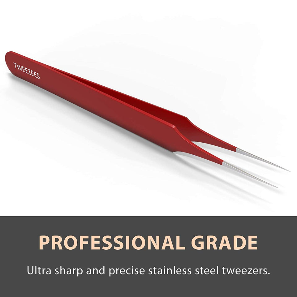 Ingrown Hair Tweezers | Pointed Tip | Red | 5 Pack | Precision Stainless Steel | Extra Sharp and Perfectly Aligned for Ingrown Hair Treatment & Splinter Removal For Men and Women | By Tweezees