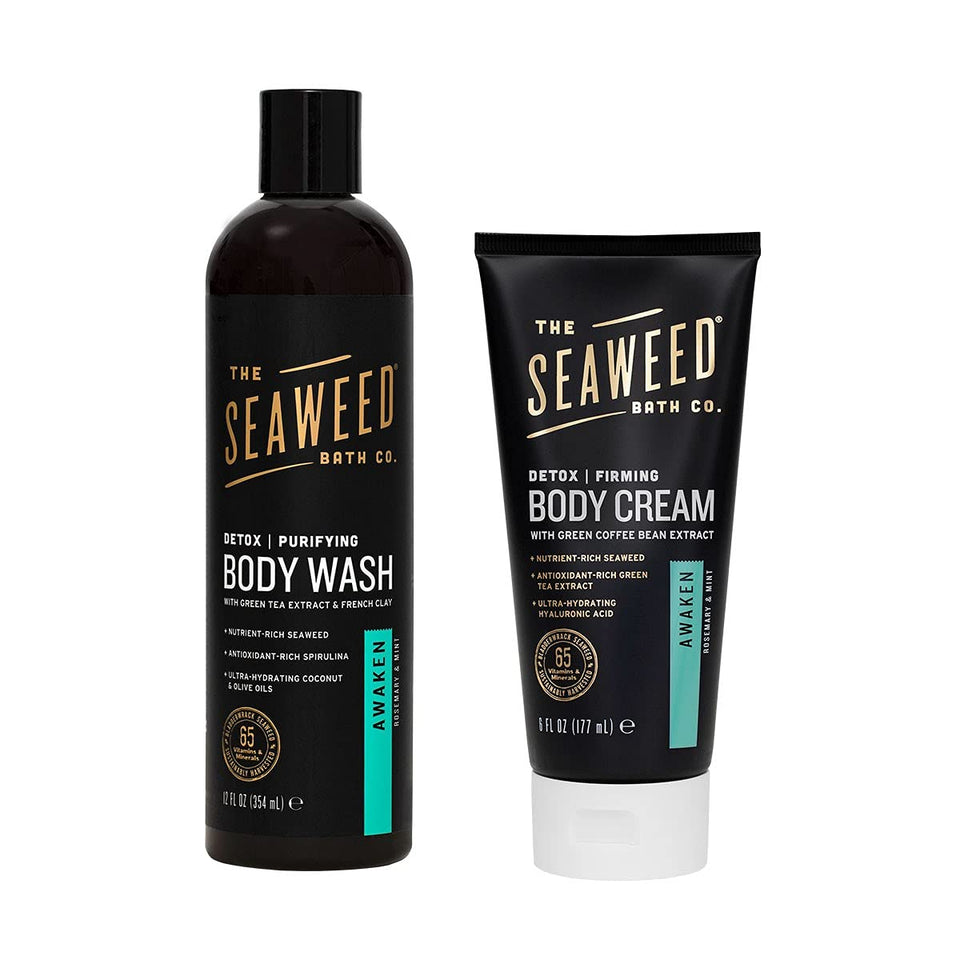 The Seaweed Bath Co. Rosemary & Mint 12oz Body Wash and 6oz Body Cream, Natural Organic Bladderwrack Seaweed, Paraben Free