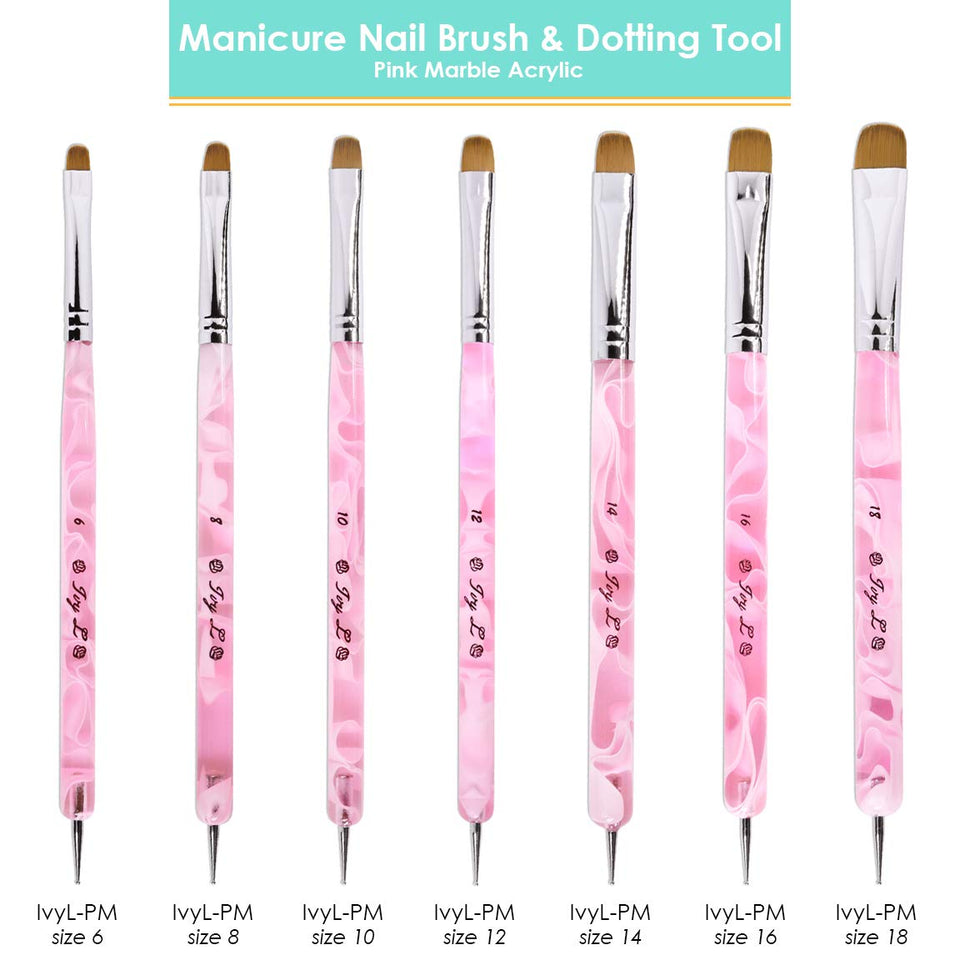 Ivy-L Premium 2 Way French Gel Acrylic Nail Art Kolinsky Brush with Dotting Tool for Professional Manicure Cuticle Clean up Nail Art Design (Size # 8, Pink Marble)