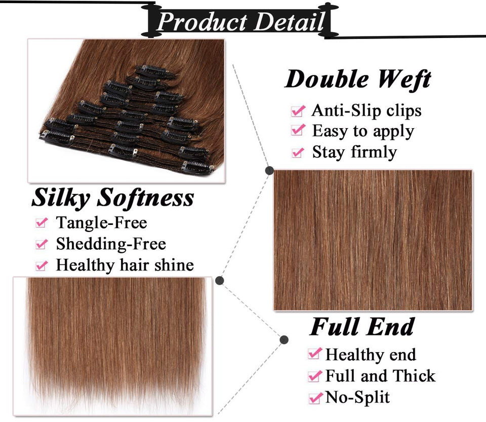 S-noilite Clip in Remy Human Hair Extensions 100% Real Human Hair Thick Double Weft Full Head 8 Pieces 18 Clips Silky Straight(18 Inch - 140g,Light Brown (#6))
