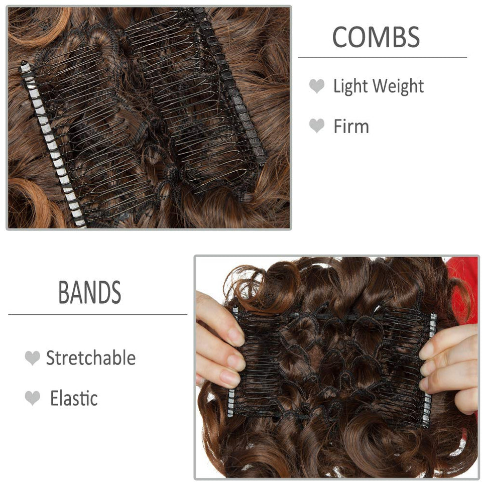Messy Curly Combs Hair Bun Easy Stretch Dish Hair Chignon Extensions Clip in Updo Hairpiece Ponytail Scrunchy for Women 95g #4T30 Brown