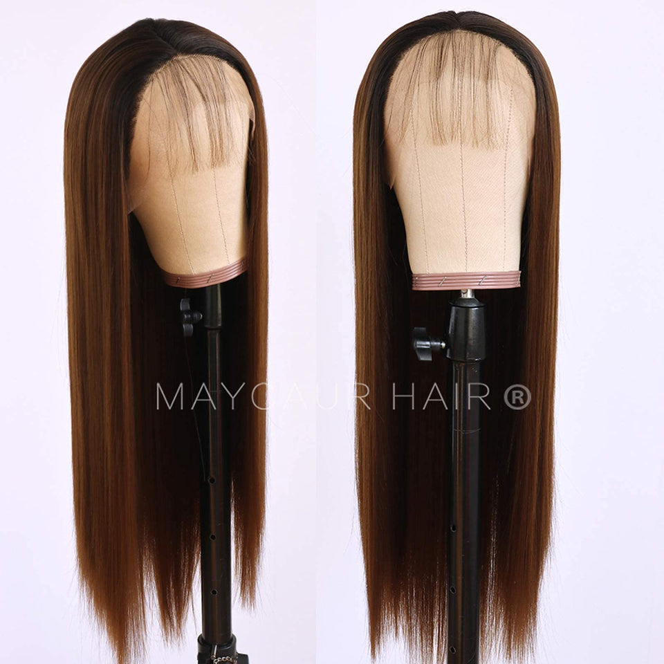 Maycaur 13X4 Inch Long Straight Brown Lace Front Wigs for Fashion Women Black Brown Ombre Color Synthetic Lace Front Wigs with Natural Baby Hair 24 Inch