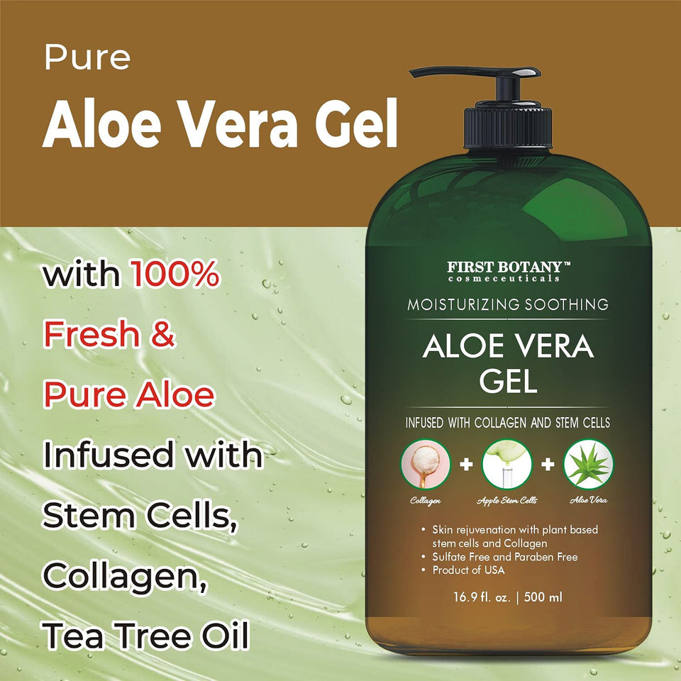 Pure Aloe vera gel - with 100% Fresh & Pure Aloe Infused with Stem Cells, Collagen, Tea Tree Oil - Natural Raw Moisturizer for Face, Skin, Body, Hair. Perfect for Sunburn, Acne, Razor Bumps 16.9 fl oz