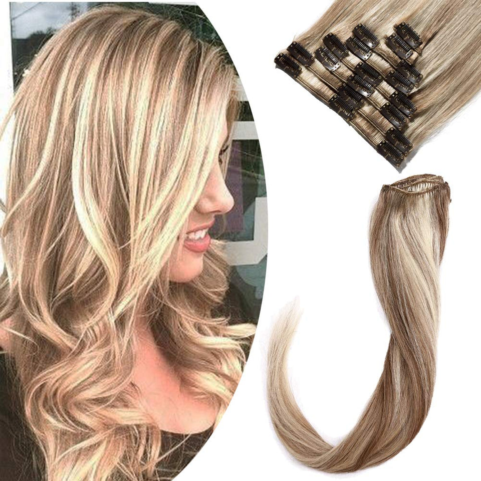 Clip in Remy Hair Extensions Human Hair Highlighted Brown Blonde for Women 10 inch 50g Light Short Seamless Clip on Real Hair Skin Weft Rooted Hairpiece 8pcs Weft Long Straight Full Head #12&613