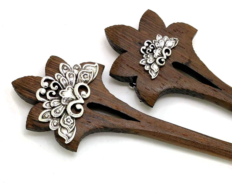 Brown Wooden Hairsticks with Silver Lotus Designs (Pair)