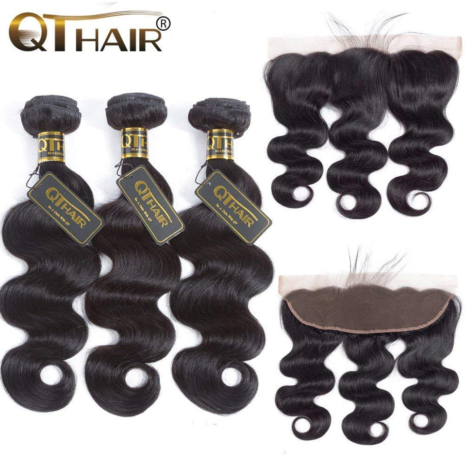QTHAIR 12A Grade Brazilian Body Wave Bundles with Frontal (18" 20" 22"+18")130% Density 13x4 Ear To Ear with Baby Hair 100% Unprocessed Virgin Brazilian Human Hair Weave