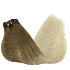 GOO GOO Human Hair Extensions Clip in Ombre Ash Brown to Platinum Blonde Remy Clip in Hair Extensions Straight 120g Natural Thick Hair Weft 16 Inch Real Hair Extensions Clip in