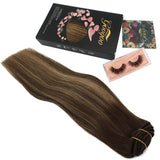 GOO GOO Remy Hair Extensions 16 Inch 7pcs 120g Chocolate Brown to Caramel Blonde Mixed Brown Balayage Thick Straight Hair Clip in Human Hair Extensions Real Hair Extensions