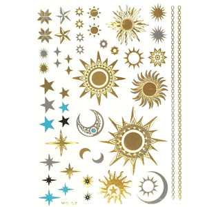 Allydrew Large Metallic Gold Silver and Black Body Art Temporary Tattoos, Sun, Moon, Stars