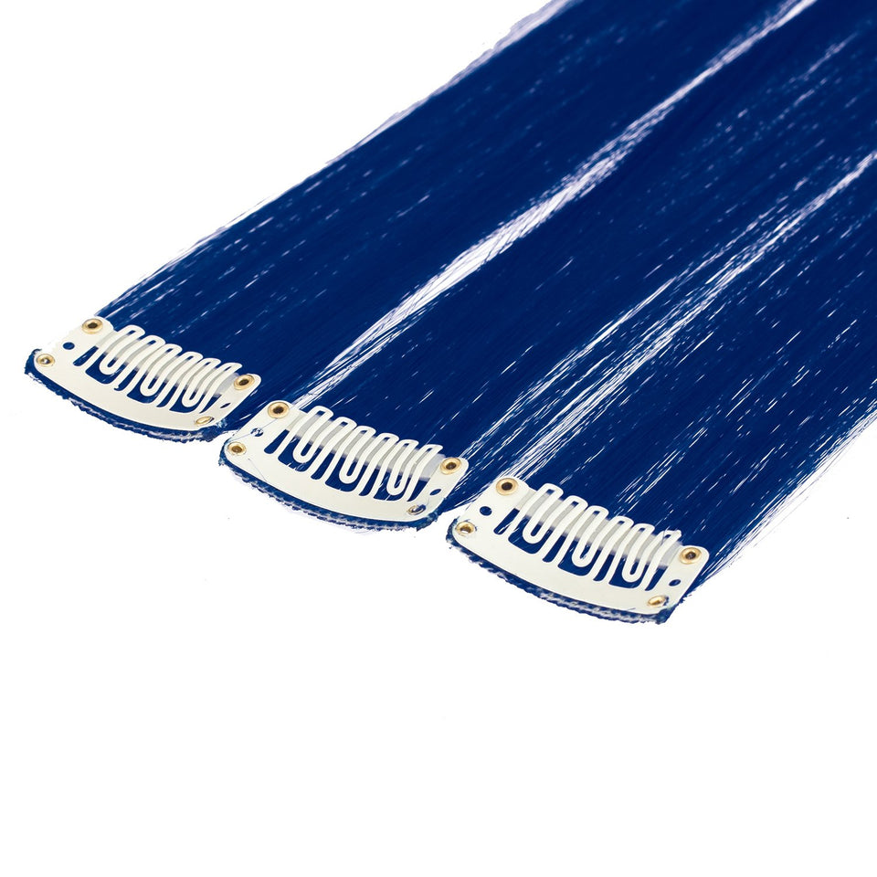 SWACC 12 Pcs Straight One Color Party Highlights Clip on in Hair Extensions Colored Hair Streak Synthetic Hairpieces (Blue)