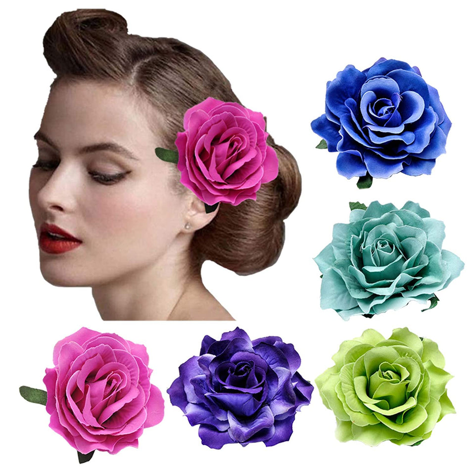 DRESHOW 5 Pack Flower Brooch Head Ornament Bride Women Rose Flower Hair Accessories Wedding Hair Clip Flamenco Dancer