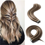 20 PCS Tape In Human Hair Extensions Double Side Tape Skin Weft Invisible Hair Extensions Hightlight Balayage Silk Straight (22'',50g/20pcs,#4P27 Medium Brown&Dark Blonde)