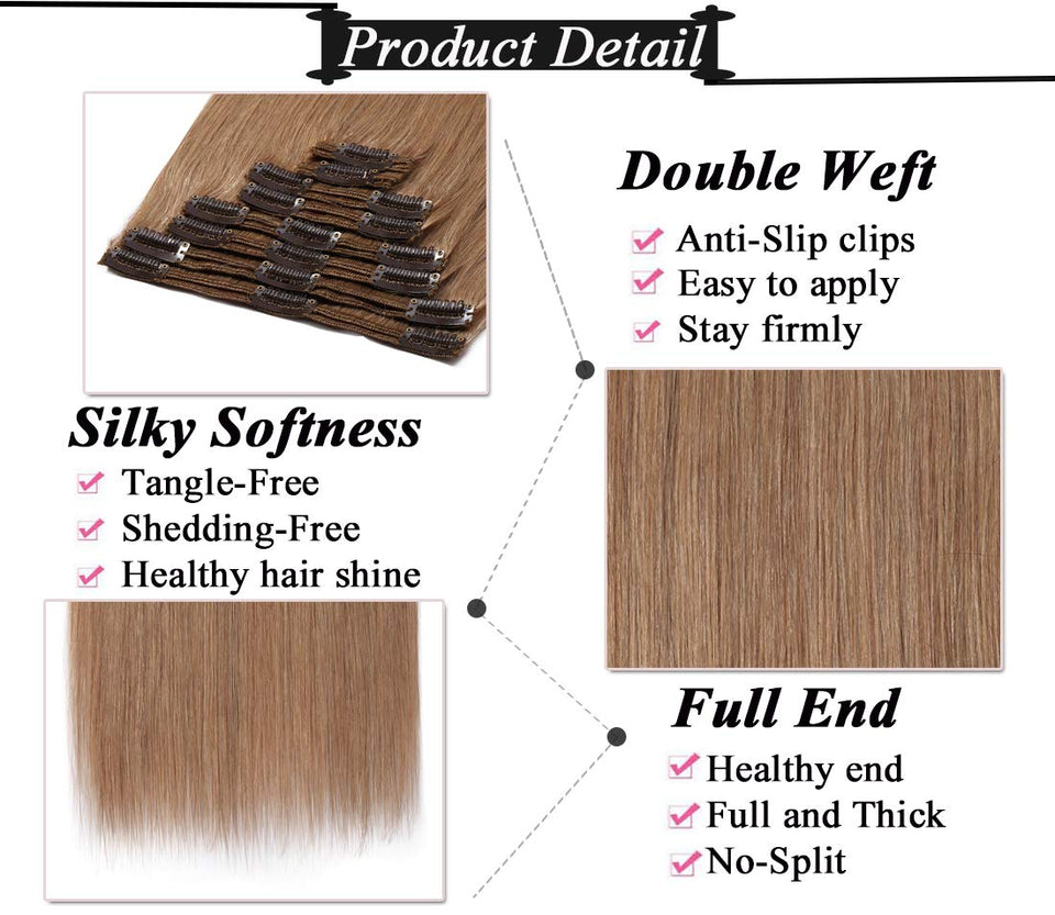 S-noilite Clip in Human Hair Extensions 100% Real Remy Thick True Double Weft Full Head 8 Pieces 18 clips Straight silky (14 inch - 120g,Dark Blonde (#27))