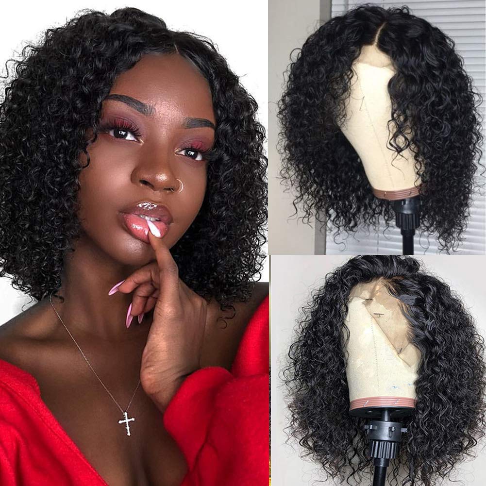 ISEE Hair Lace Front Wigs Human Hair Short Bob Wigs For Black Women Brazilian Kinky Curly Wavy 4x4 Lace Closure Wigs Pre Plucked with Baby Hair 150% Density (14inch)