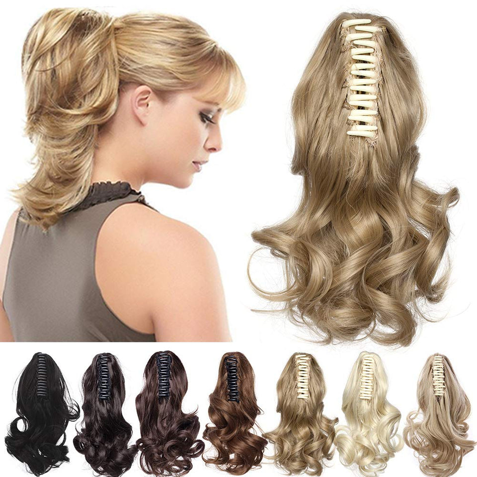 Claw Ponytail Extension Short Jaw Ponytails Pony Tail Hairpiece 145G Thick Clip in Hair Extensions Synthetic Fibre for Women 12 inch Curly light brown & ash blonde