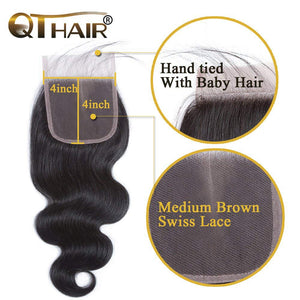 QTHAIR 10A Brazilian Body Wave Lace Closure Free Part 4×4 12inch Brazilian Body Wave Virgin Human Hair Swiss Lace Closure