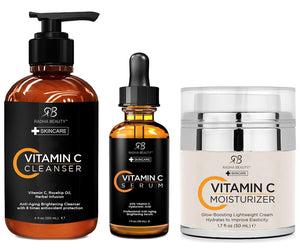 Radha Beauty Vitamin C Complete Facial Care Kit - 3-in-1 Anti-Aging Set with Cleanser, Serum, and Moisturizer for Wrinkles, Dark Spots, and Acne. Day & Night Brightening Skincare Gift Set
