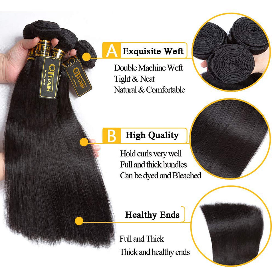 QTHAIR 12A Brazilian Straight Human Hair Bundles with Frontal(16 18 20+14,Natural Black) Brazilian Straight Virgin Hair with 13x4 Lace Frontal 100% Unprocessed Human Hair Weave with Frontal