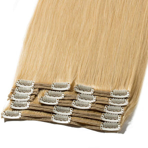 Double Weft Clip in Remy Human Hair Extensions 10''-22'' Grade 7A Quality Full Head Thick Thickened Long Soft Silky Straight 8pcs 18clips for Women Beauty 16" / 16 inch 130g,#24 Natural Blonde