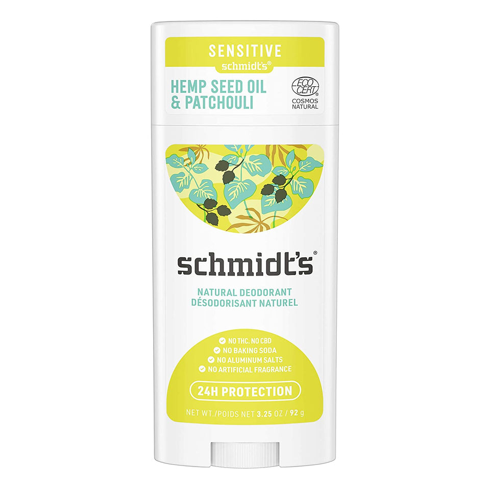 Schmidt's Aluminum Free Natural Deodorant for Women and Men, Hemp Seed Oil & Patchouli for Sensitive Skin with 24 Hour Odor Protection, Vegan, Cruelty Free 3.25 oz