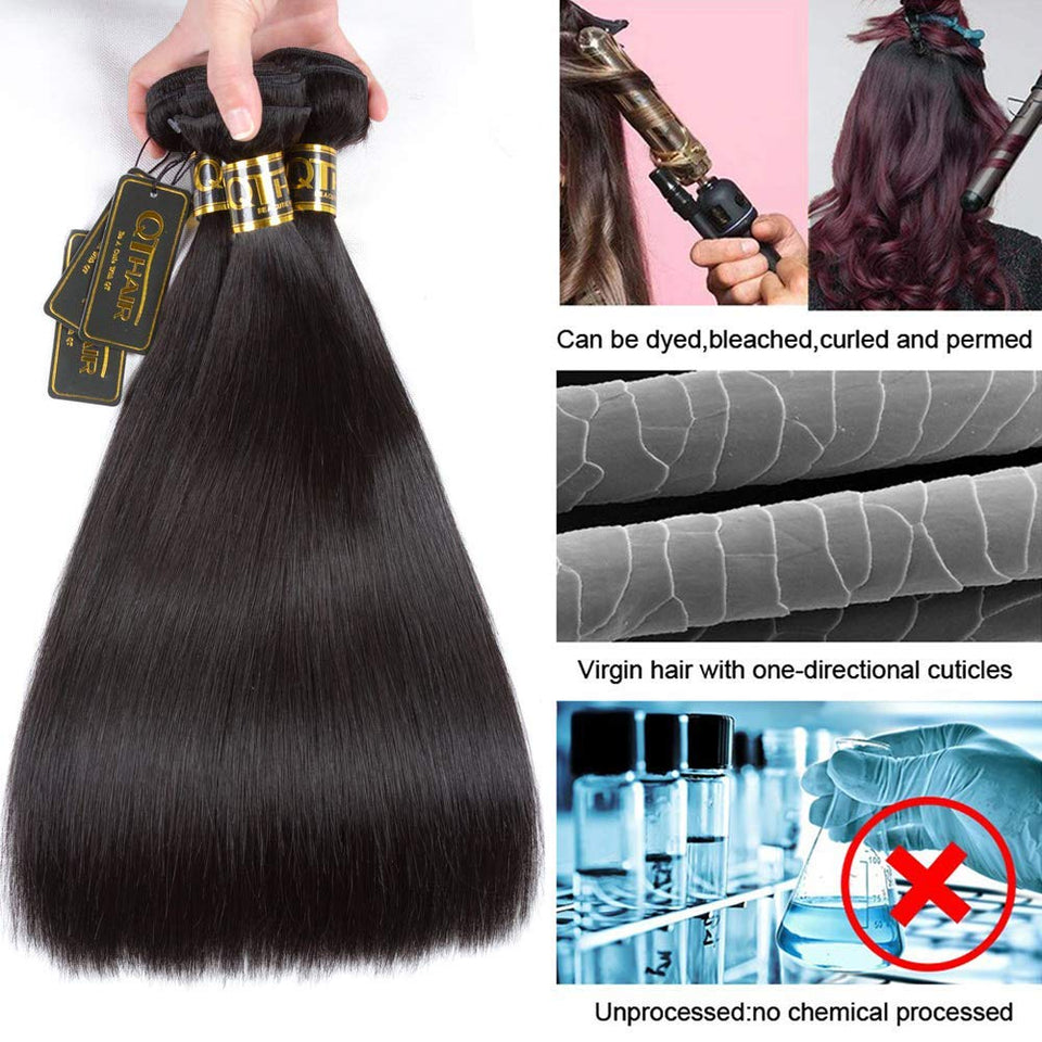 QTHAIR 12A Grade Straight Human Hair Bundles 100% Unprocessed Straight Human Hair Weave Natural Black (20", 13x4 Frontal)