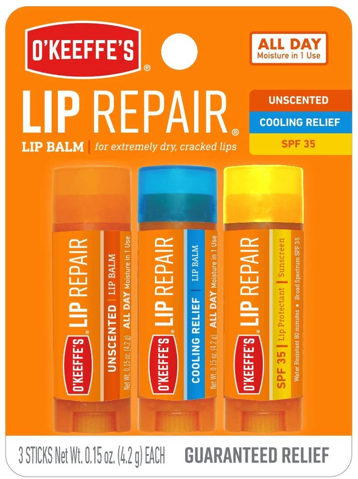 O'Keeffe's Lip Repair Lip Balm for Dry, Cracked Lips, Stick (Pack of 3: 1 Cooling + 1 Unscented + 1 SPF)