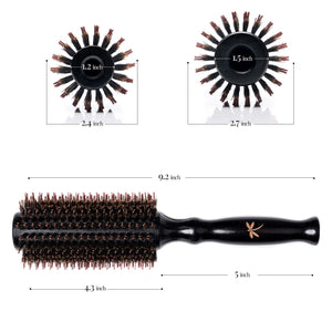 Boar Bristle Round Brush for Blow Drying Set. Round Hair Brush With Large 2.7” Wooden Barrel. Hairbrush Ideal to Add Volume and Body. Free 3 x Hair Clips & Travel Bag.