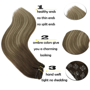 GOO GOO Hair Extensions Clip in Human Hair Remy Walnut Brown to Ash Brown and Bleach Blonde Clip in Human Hair Extensions 7pcs 120g 18 Inch Natural Real Hair Extensions