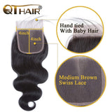 QTHAIR 12a Grade Brazilian Body Wave Human Hair Bundles with Closure(12" 14" 16"+10",3 Bundles+Middle Part Closure)130% Density Swiss Lace Closure with Brazilian Virgin Hair Weave