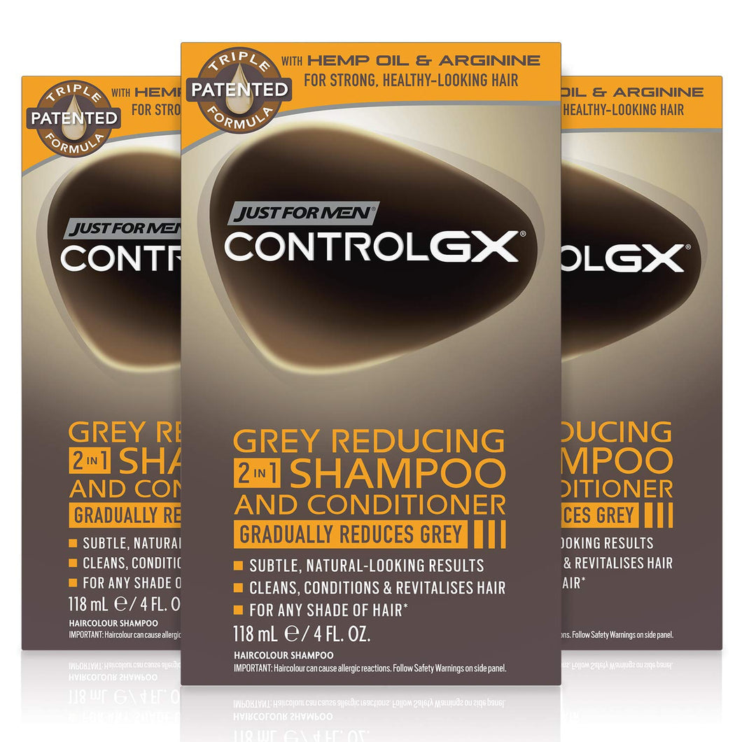 Just For Men Control GX Grey Reducing 2-in-1 Shampoo and Conditioner, Gradual Hair Color for Stronger and Healthier Hair, 4 Fl Oz - Pack of 3 (Packaging May Vary)