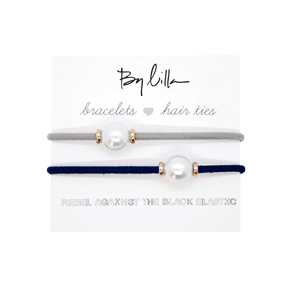 By Lilla Halo Elastic Hair Ties and Bracelets | Set of Two Hair Tie-Bracelets | Hair Accessories for Women | No Crease Hair Ties & Women’s Bracelets | Gold (Silver/Navy)