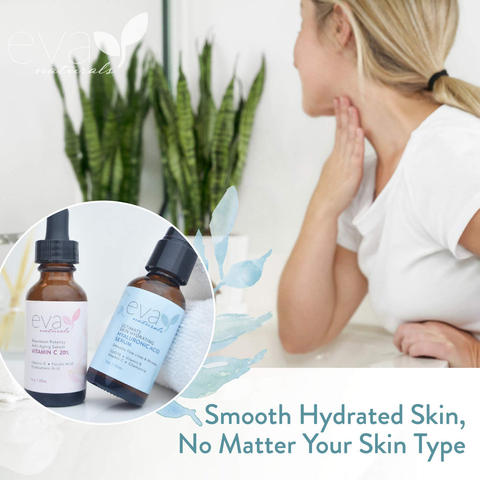 Eva Naturals Hydrate and Brighten Skincare Bundle - Includes Hyaluronic Acid Serum and 20% Vitamin C Serum - Restores Lost Moisture, Plumps Skin while Toning and Smoothing the Complexion