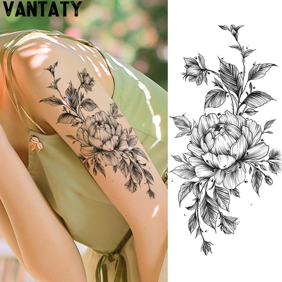 VANTATY 8 Sheets Petal 3D Black Flower Rose Temporary Tattoos For Women Waterproof Fake Body Art Arm Sketch Tattoo Stickers For Girls Shoulder Arm Leaf Tatoo Adults Beauty.