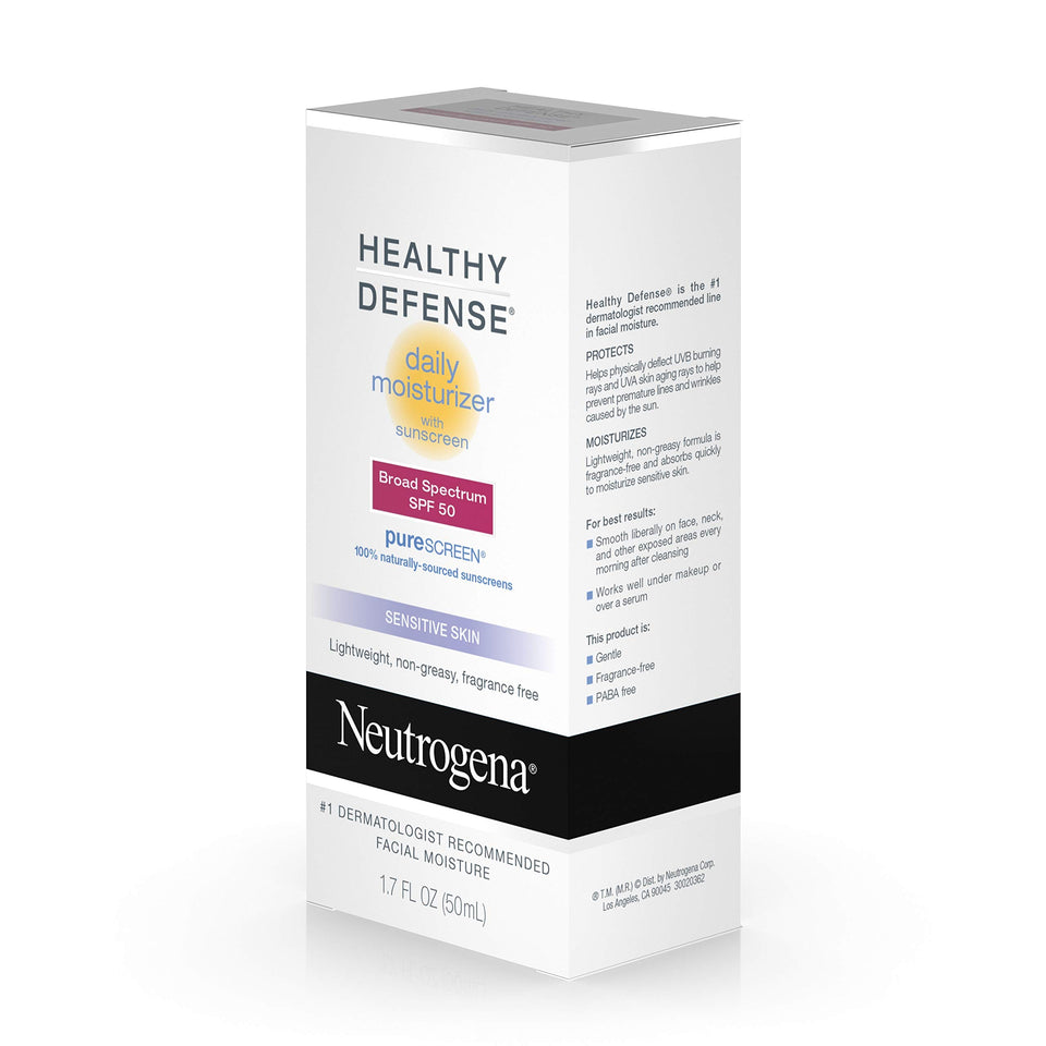 Neutrogena Healthy Defense Daily Moisturizer for Sensitive Skin with SPF 50, Mineral Sunscreen with Zinc Dioxide & Titanium Dioxide, Oil-Free & Fragrance-Free, 1.7 fl. oz