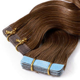 14 Inch Remy Tape in Hair Extensions Wavy Human Hair #6 Body Wave 40pcs 80g Hair Seamless Skin Weft Glue in Human Hairpieces with Invisible Double Sided Tape Light Brown