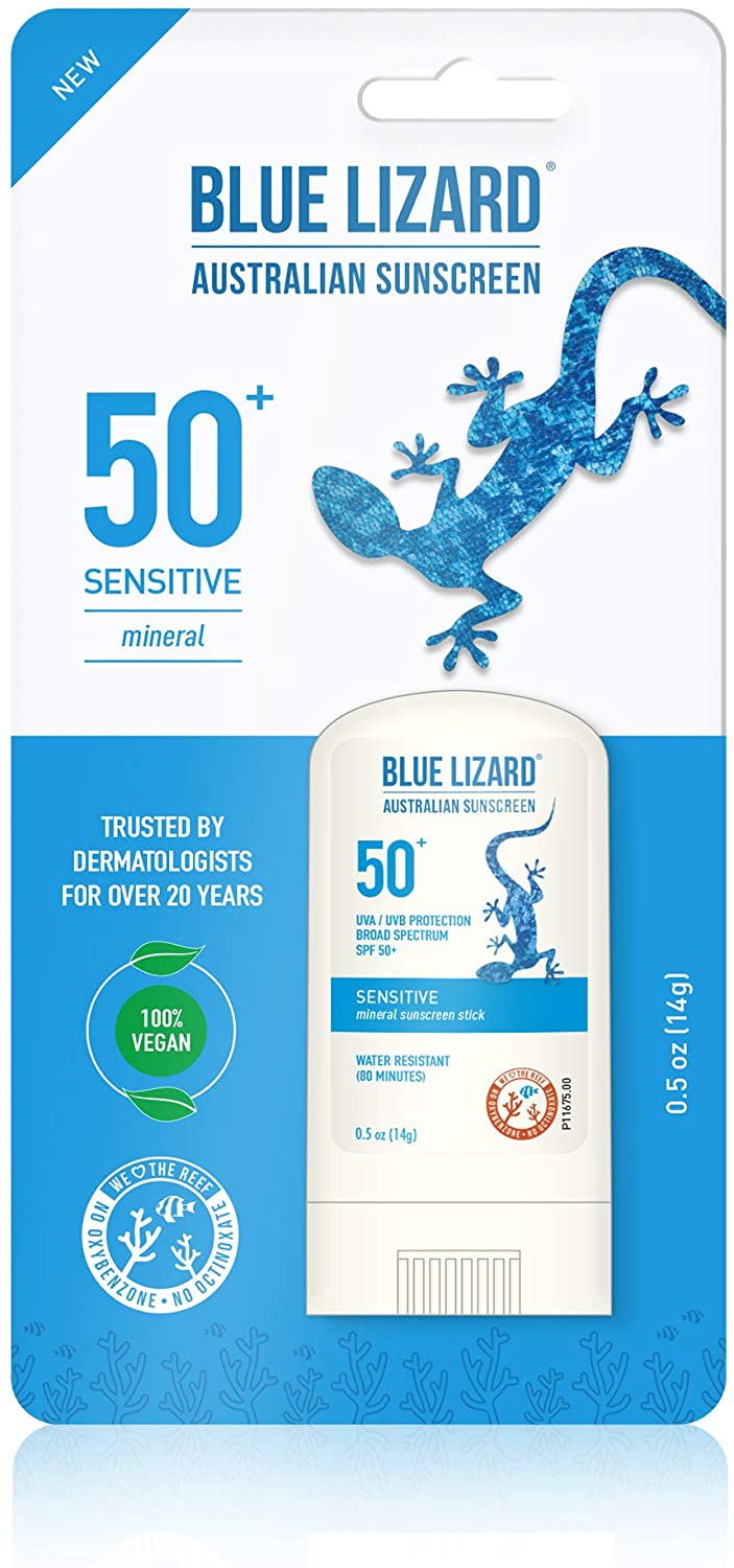 BLUE LIZARD Sensitive Mineral Sunscreen Stick with Zinc Oxide, SPF 50+, Water Resistant, UVA UVB Protection Easy to Apply, Fragrance Free, 0.5 Oz