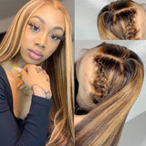 UNice Ombre Highlight Lace Front Human Hair Wig Brown Blonde Mixed Color, Brazilian Remy Straight Hair 13x4 Lace Frontal Wig Pre Plucked with Baby Hair for Women 150% Density (18inch)