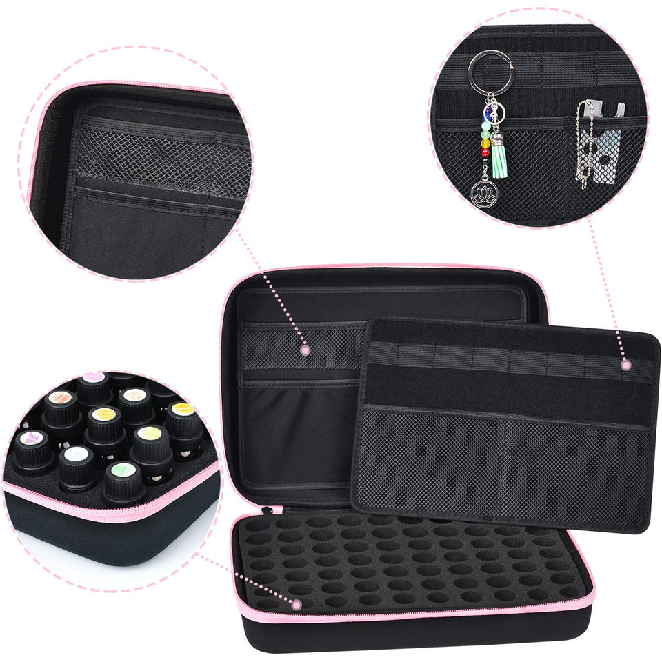 Beschan Essential Oil Storage Case Travel Carrying Oil Holder 70 for 5 10 15 ml Bottles & Roller Bottles with Stickers and Bottle Opener PINK-13.2"Lx9.4"Wx3.7"H