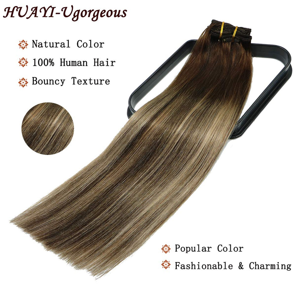 Clip In Human Hair Extensions Double Weft Brazilian Hair 120g 7pcs Chocolate Brown to Dark Blonde Highlight Chocolate Brown Full Head Silky Straight 100% Human Hair Clip In Extensions 22 Inch
