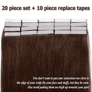 Medium Brown Tape in Human Hair Extension 18 inch #4 100% Remy Long Straight Seamless Skin Weft Bonding Double Sided Tape 20Pcs/30g +10pcs Free Tapes