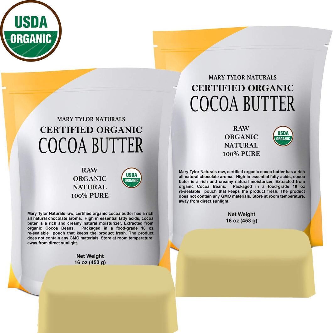 Organic Cocoa Butter 2 lb — USDA Certified by Mary Tylor Naturals — Raw Unrefined, Non-Deodorized, Rich In Antioxidants — for DIY Recipes, Lip Balms, Lotions, Creams, Stretch Marks