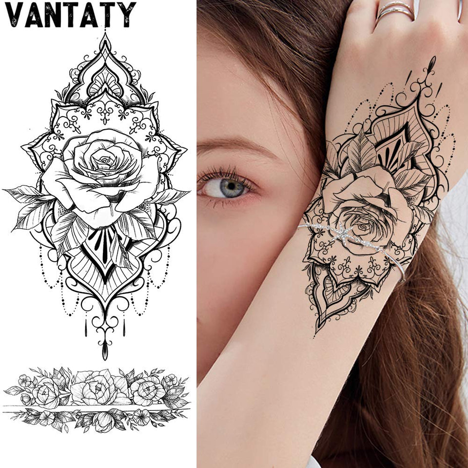 VANTATY 9 Sheets Lace Rose Flower Waterproof Temporary Tattoos For Girls Lady Fake Jewelrys Pendants Tattoo Stickers Lotus Pattern Body Art Indian Henna Painting Women Sexy Tatoos Chest